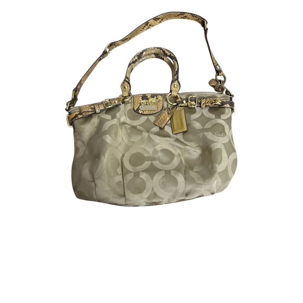 Coach Madison Op Art Satin Sophia Snake Print Shoulder Handbag Tan Gray